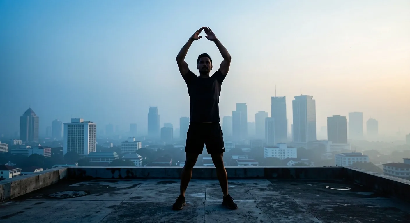 Man stretching at dawn on an urban rooftop