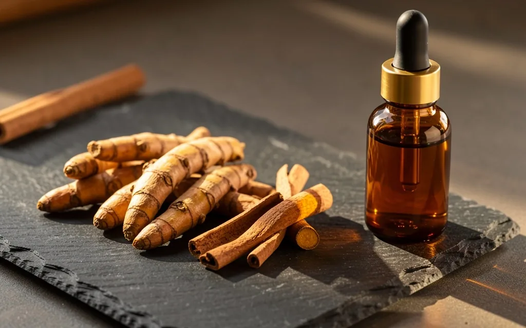 Traditional herbs beside a modern extract vial