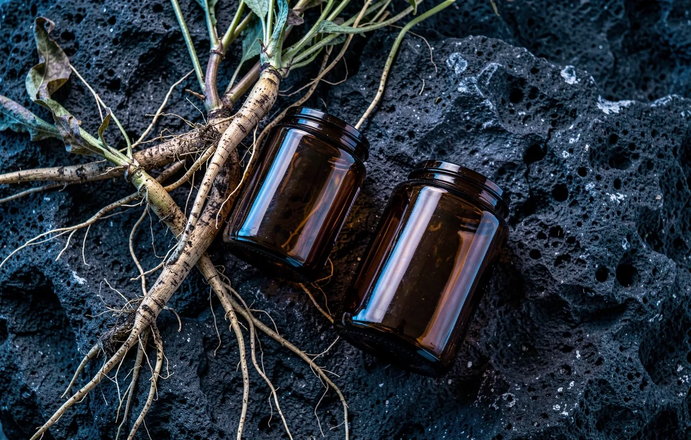 Botanical macro of ginseng and maca roots on a dark surface