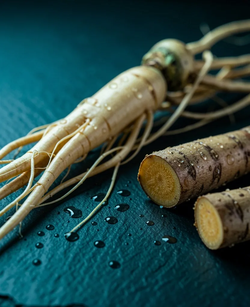 Botanical root specimens on a dark surface